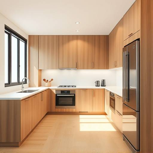 After: A minimalist Tokyo apartment kitchen featuring clean lines, warm wood cabinetry, and integrated appliances.