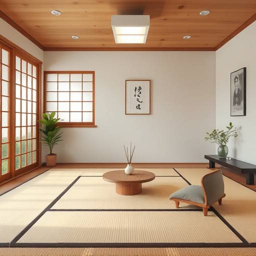 After: A renovated Japanese tea room with fresh tatami mats, minimalist decor, and a serene atmosphere.