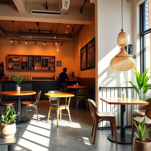 After: A stylish cafe in Johannesburg with warm lighting, comfortable seating, and unique decor elements.