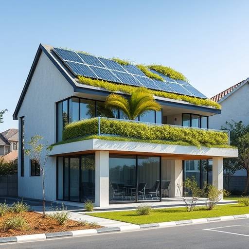 Architectural rendering of a eco-friendly office building in Cape Town with solar panels and green roof.