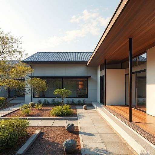 Architectural rendering of a minimalist house in Kyoto with large windows and a serene garden.