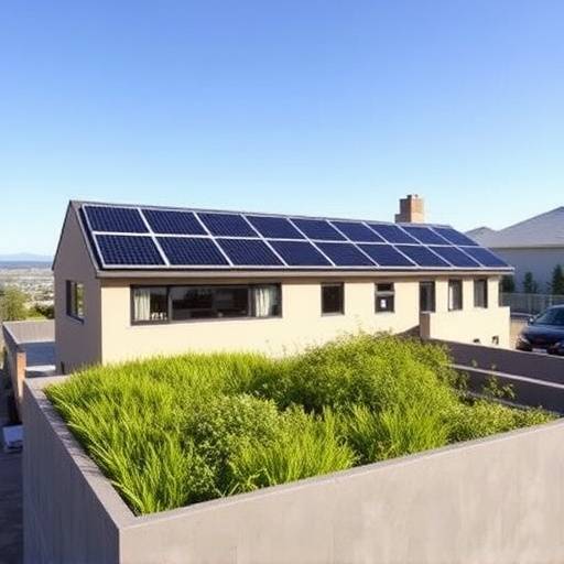 Architectural rendering showcasing a sustainable building with solar panels and green roof in Cape Town