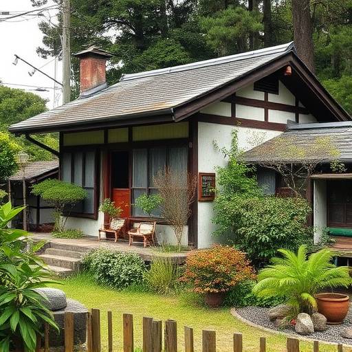 Before: An older Japanese house with a overgrown garden and a need for structural repairs.