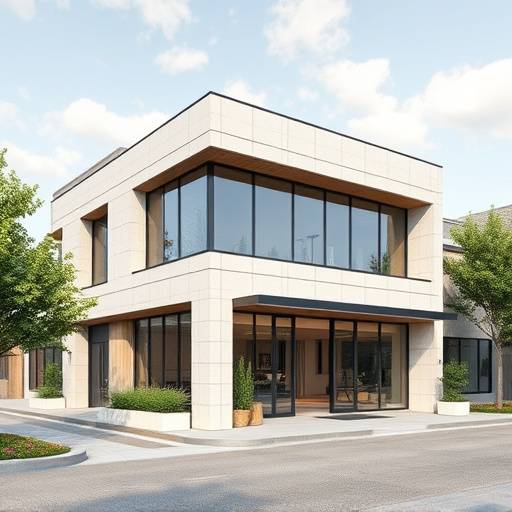 Exterior rendering of a contemporary commercial building with a minimalist design and sustainable features
