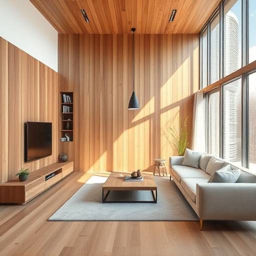 Interior rendering of a modern residential living room featuring warm wood accents and a minimalist aesthetic