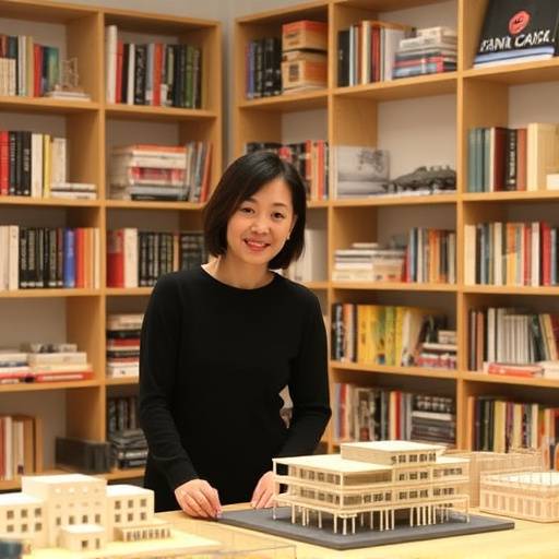 Portrait of Aiko Tanaka, founder of Kiyomi Design Studios, in her Tokyo office, surrounded by design books and architectural models