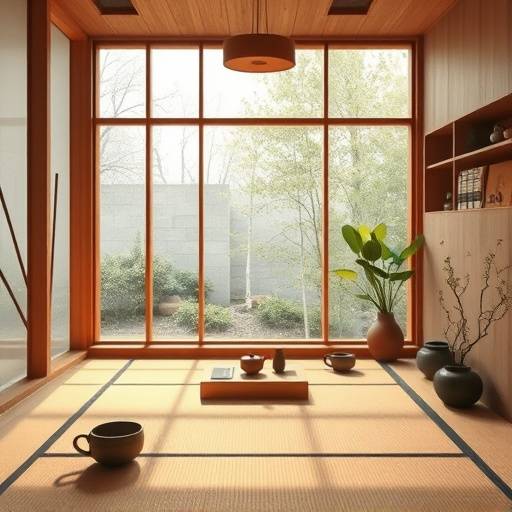 Warm wood accents integrated into a minimalist Japanese tea room